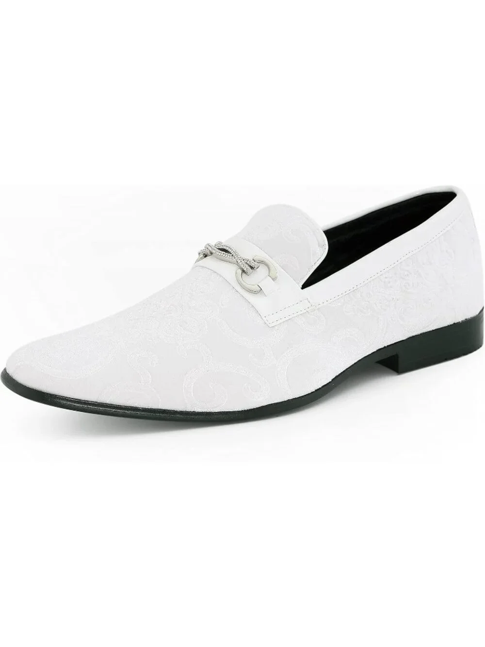 Amali Men's White Paisley Embossed Velvet Loafer Satin Trim Slip On Tuxedo Shoes